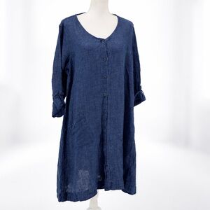 FLAX Linen Asymmetrical Lagenlook Button Front Dress Oversized Boho Size S